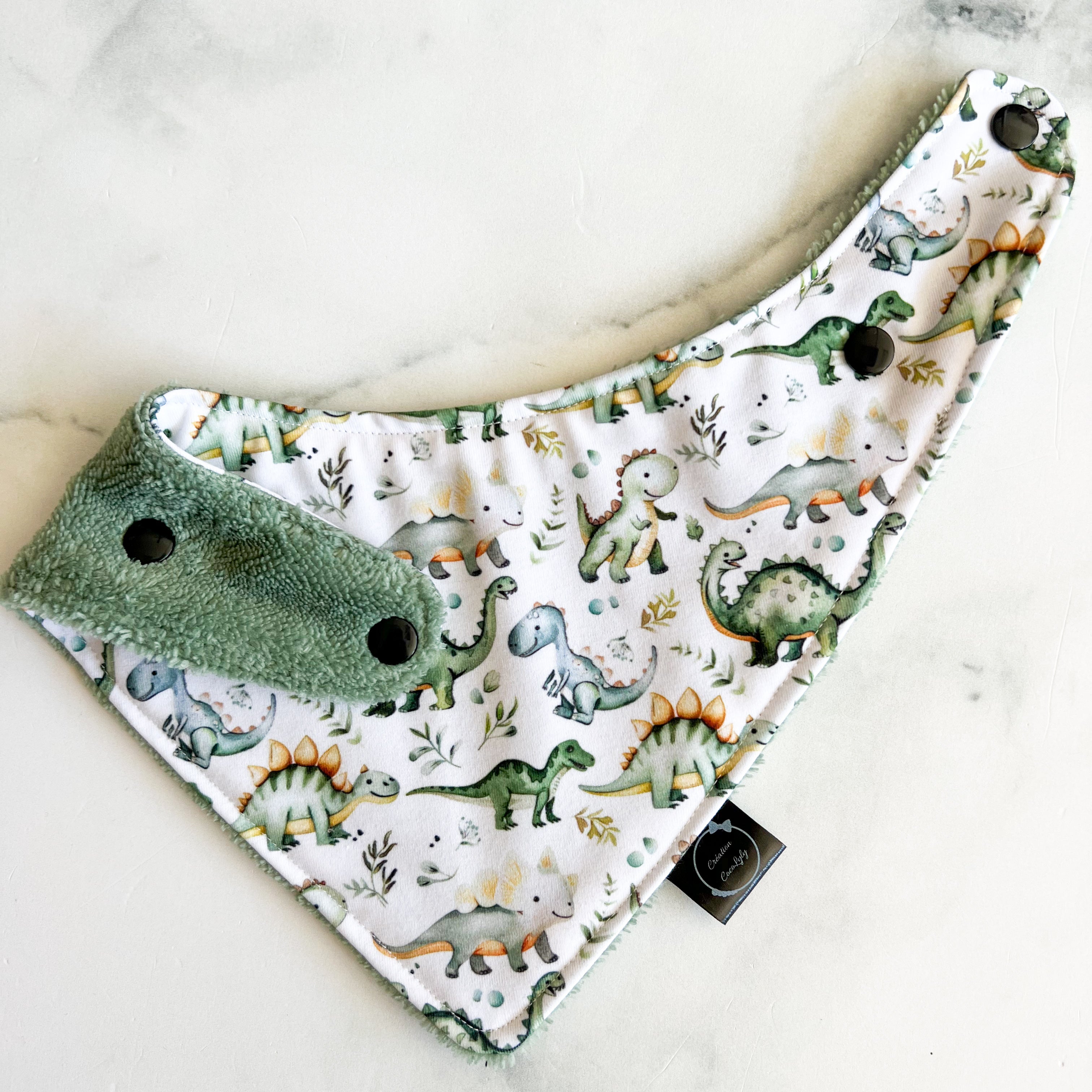 Bavoir les dinos vert dos vert sauge