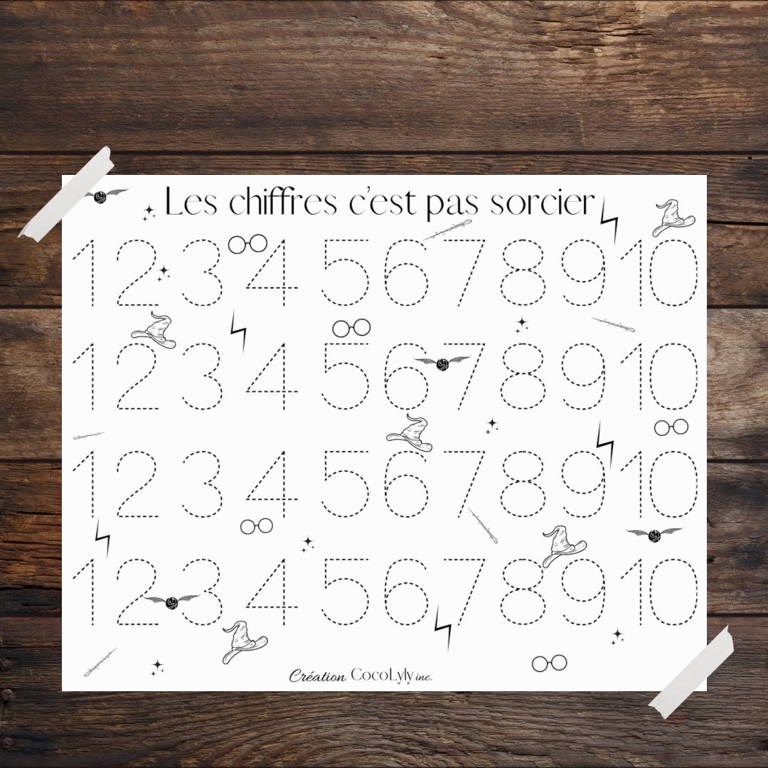 Feuille effaçable éducative et réutilisable le tracer des chiffres version sorcier