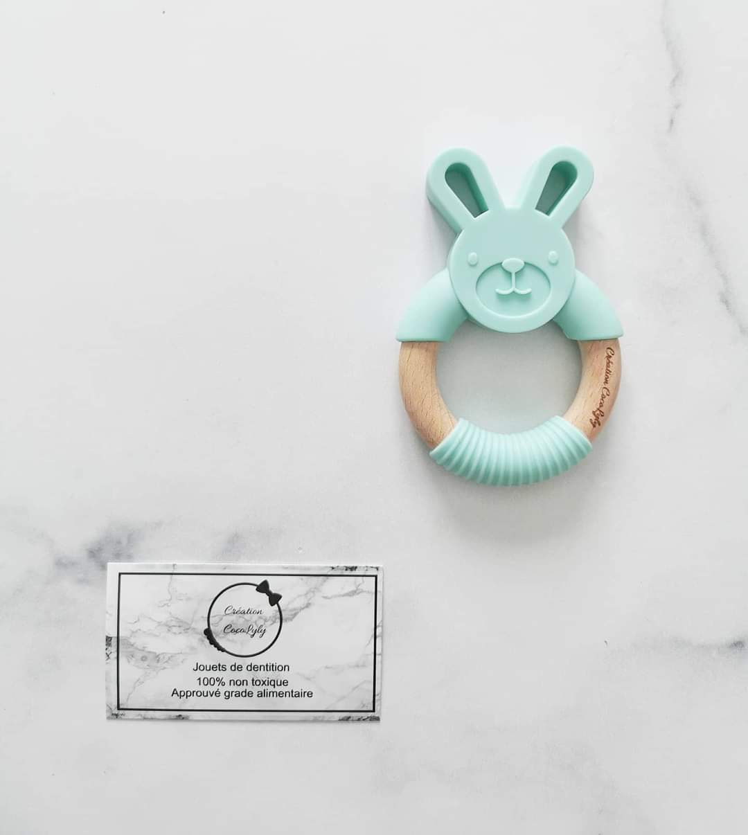 Anneau en silicone lapin et bois mint