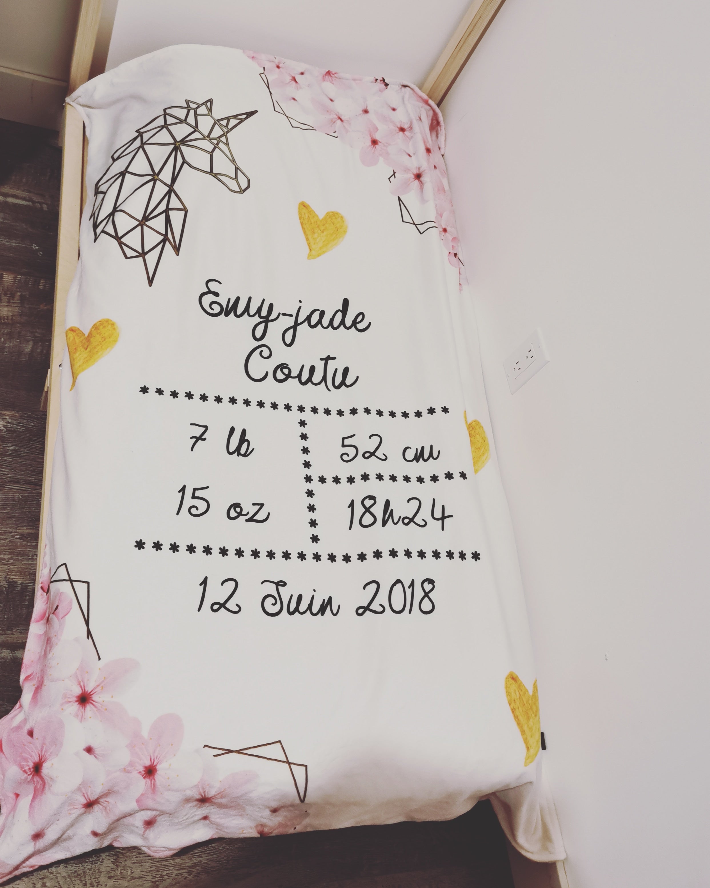 Doudou doublé minky de naissance personnalisable licorne doré