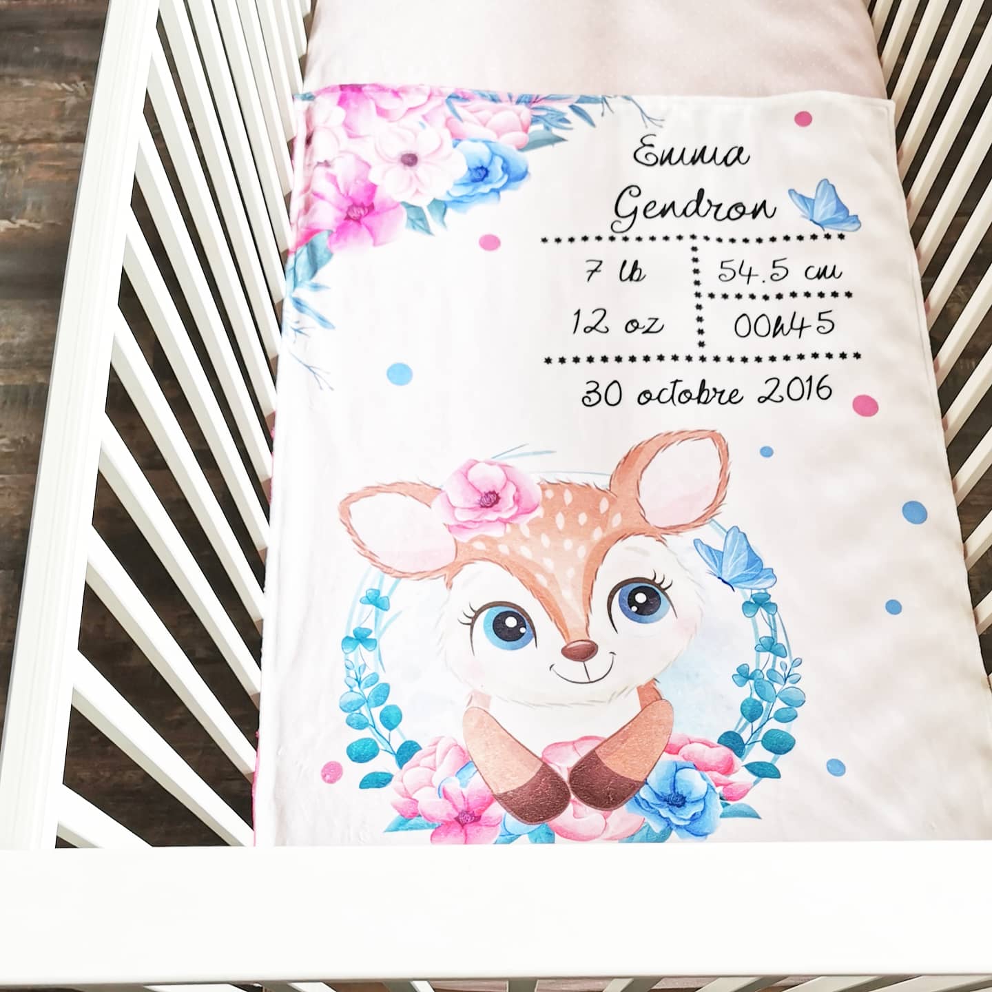Doudou doublé minky de naissance personnalisable bambi fleuri