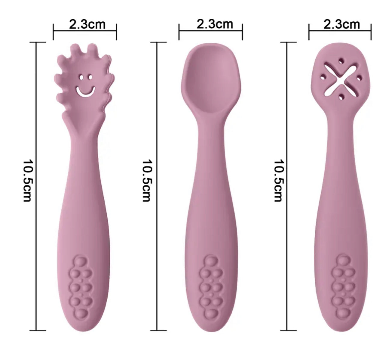 Trio d’ustensiles en silicone DME incluant une cuillère de pré trempage