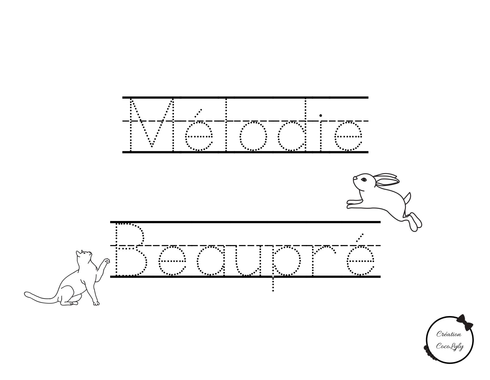 Feuille effaçable éducative et réutilisable trace ton prénom personnalisé minou et lapinou