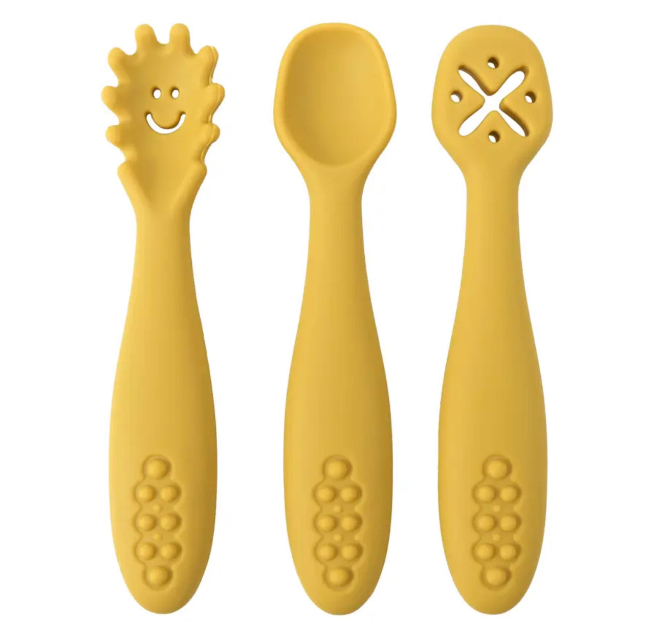 Trio d’ustensiles en silicone DME incluant une cuillère de pré trempage