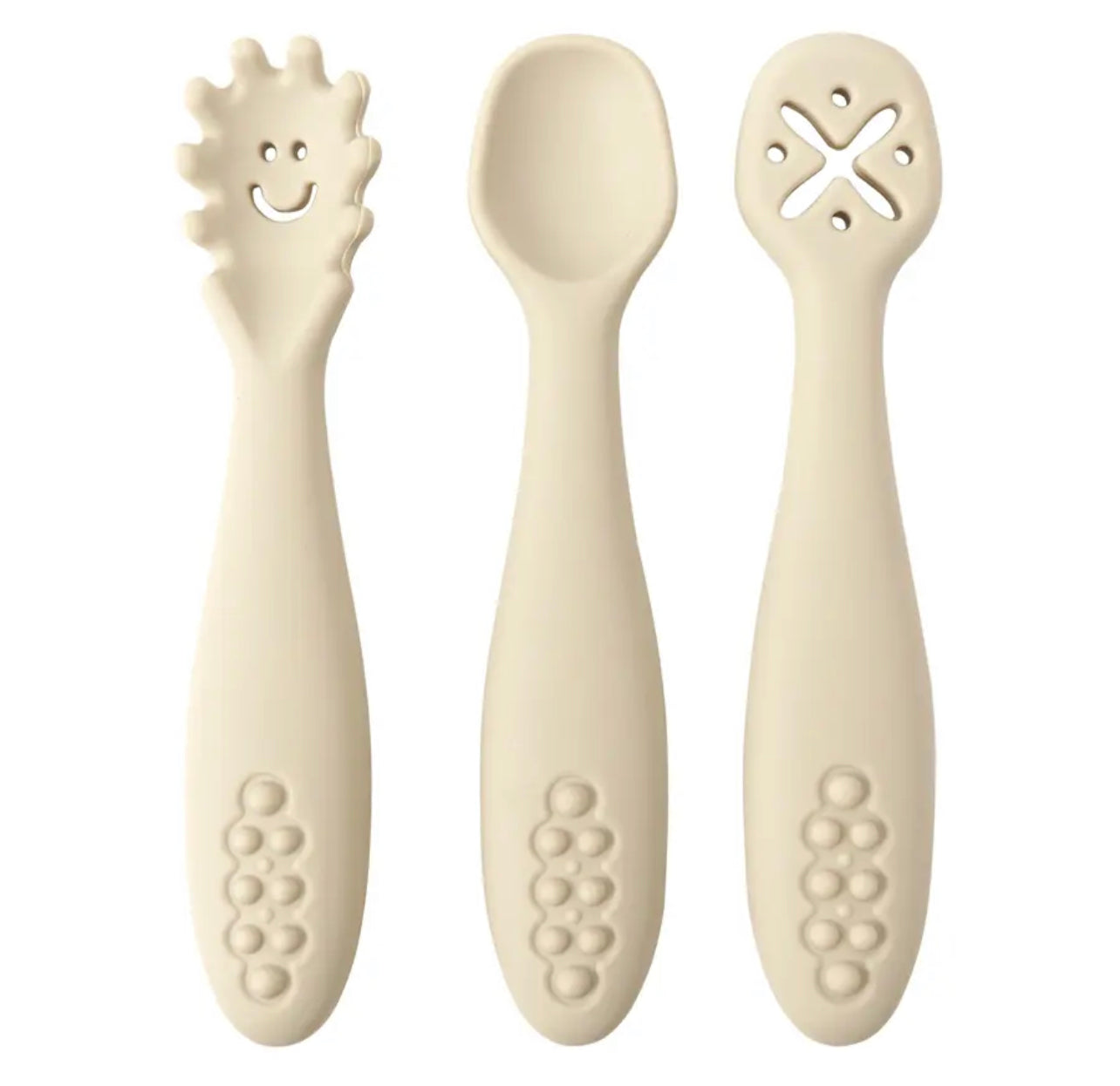 Trio d’ustensiles en silicone DME incluant une cuillère de pré trempage