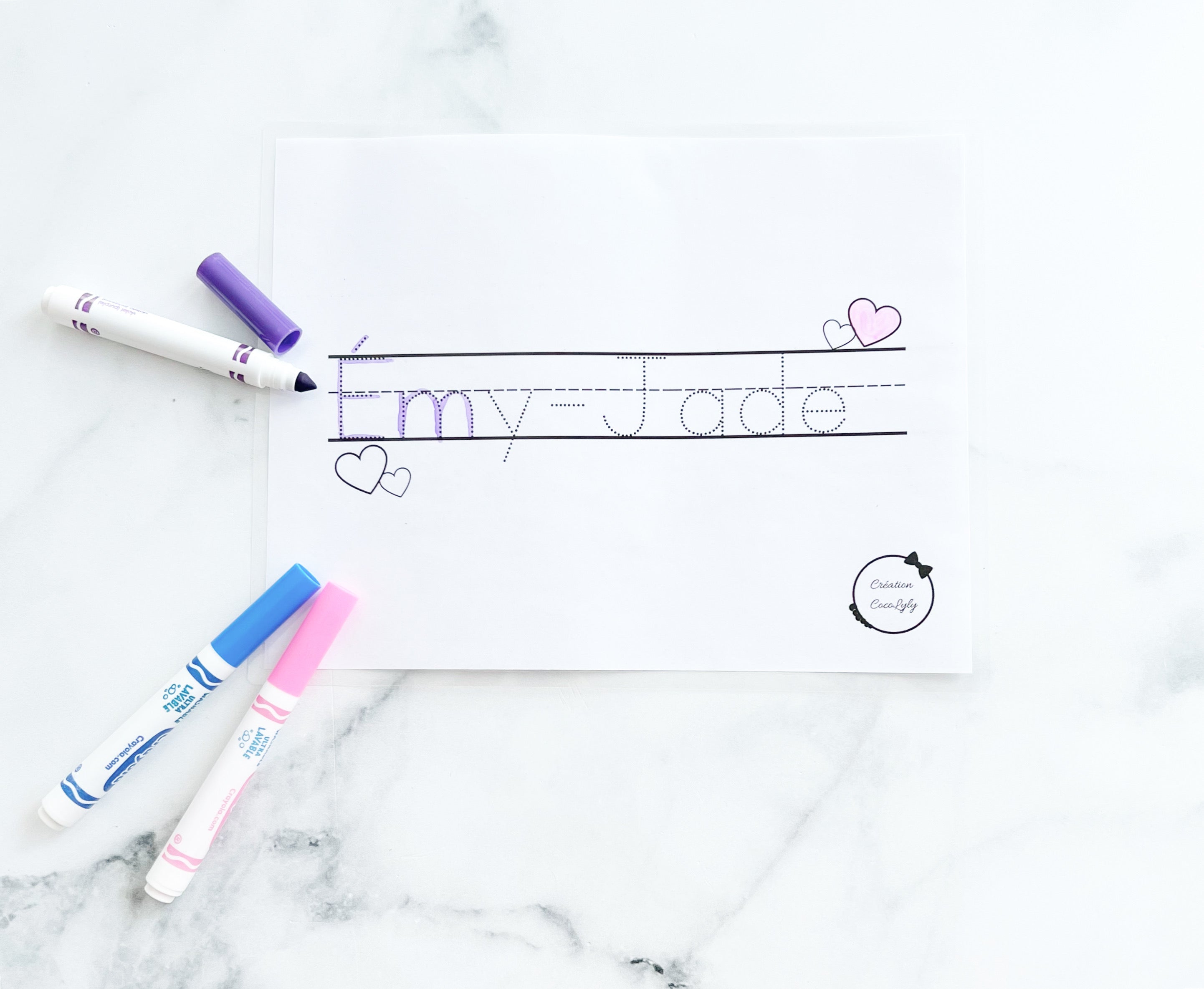 Feuille effaçable éducative et réutilisable trace ton prénom personnalisé petit coeur