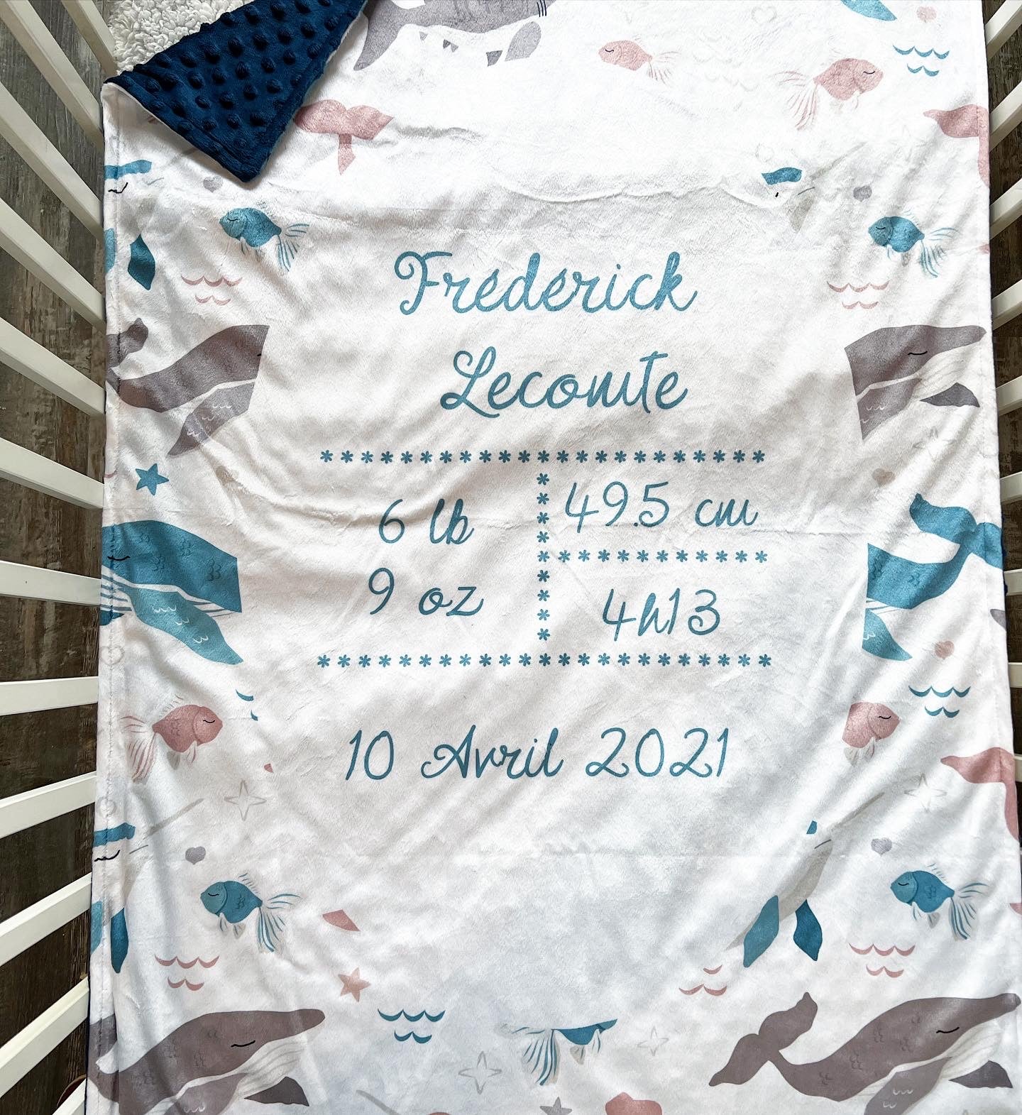 Doudou doublé minky de naissance personnalisable fond marin