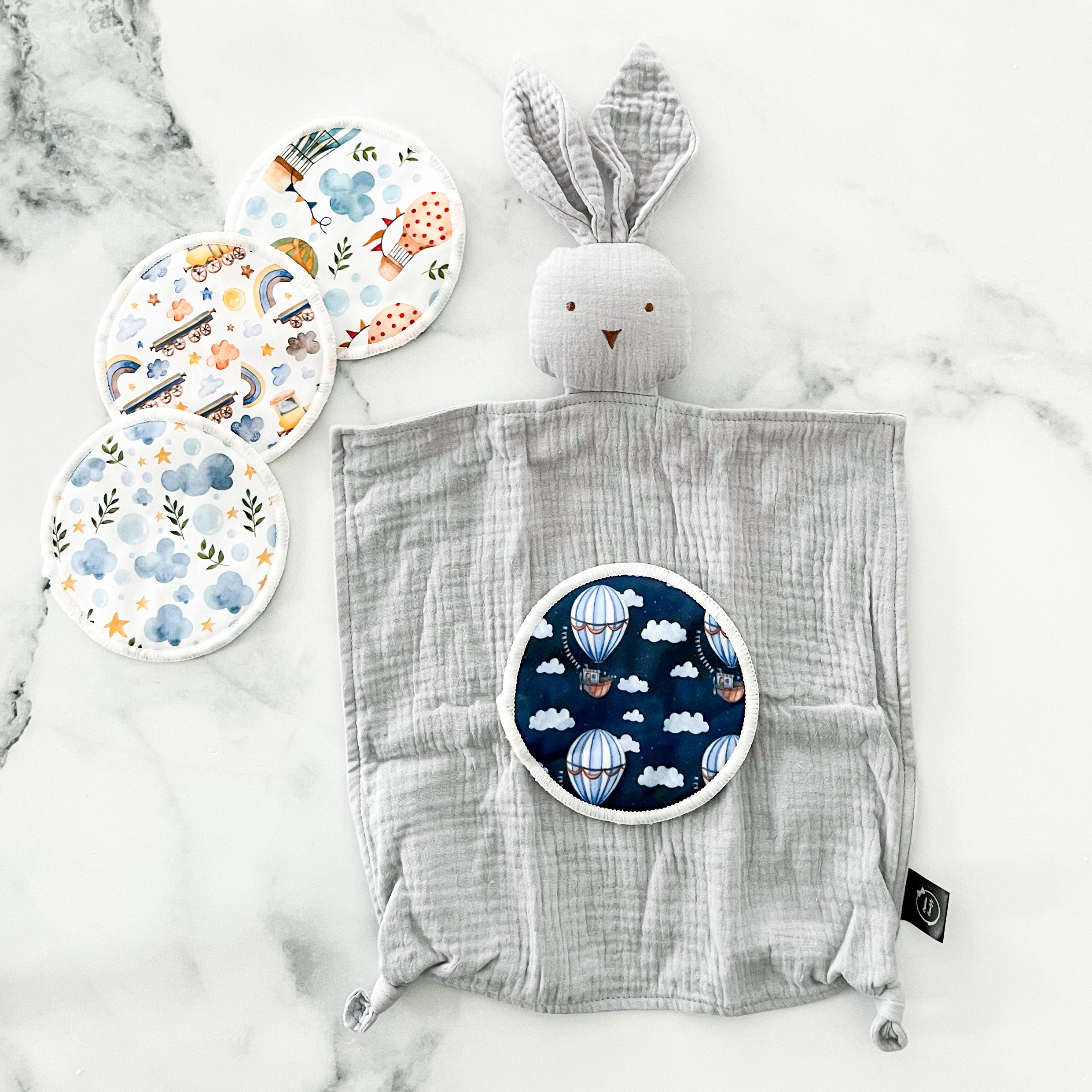 Doudou mousseline lapinou gris/bleu odeur de maman