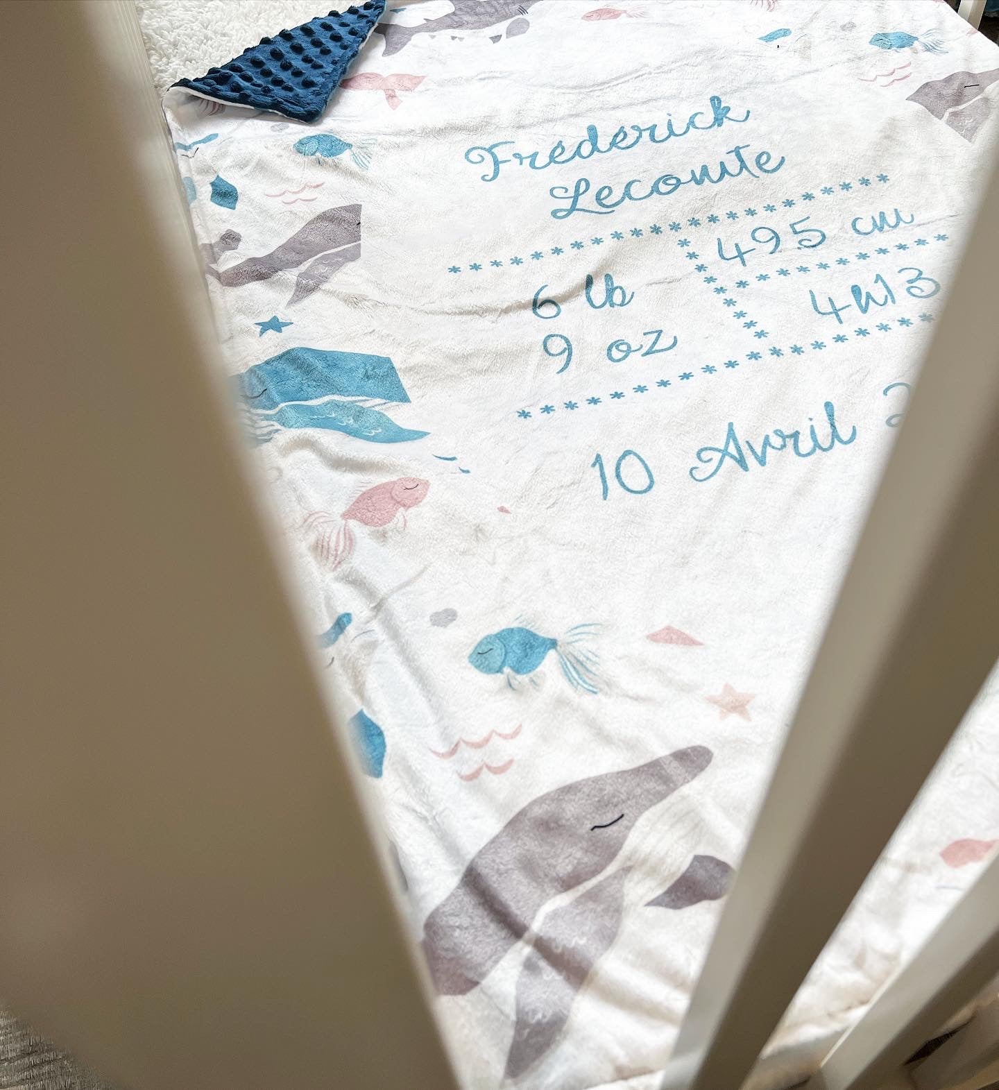 Doudou doublé minky de naissance personnalisable fond marin