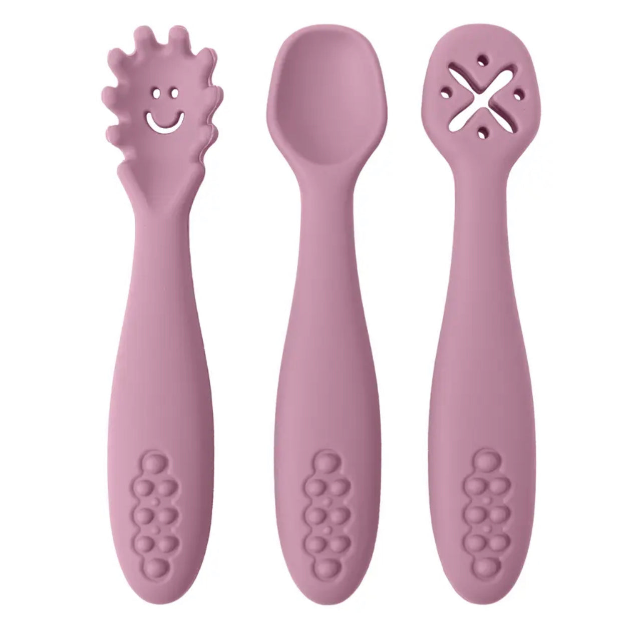 Trio d’ustensiles en silicone DME incluant une cuillère de pré trempage