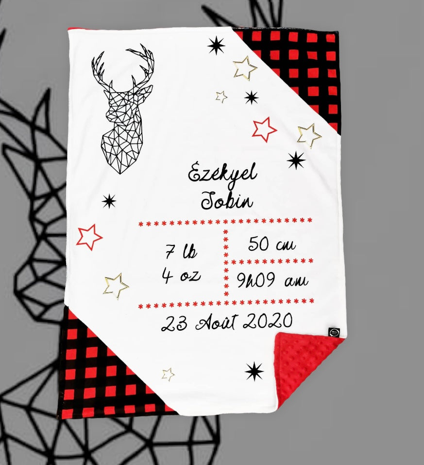 Doudou doublé minky de naissance personnalisable chevreuil