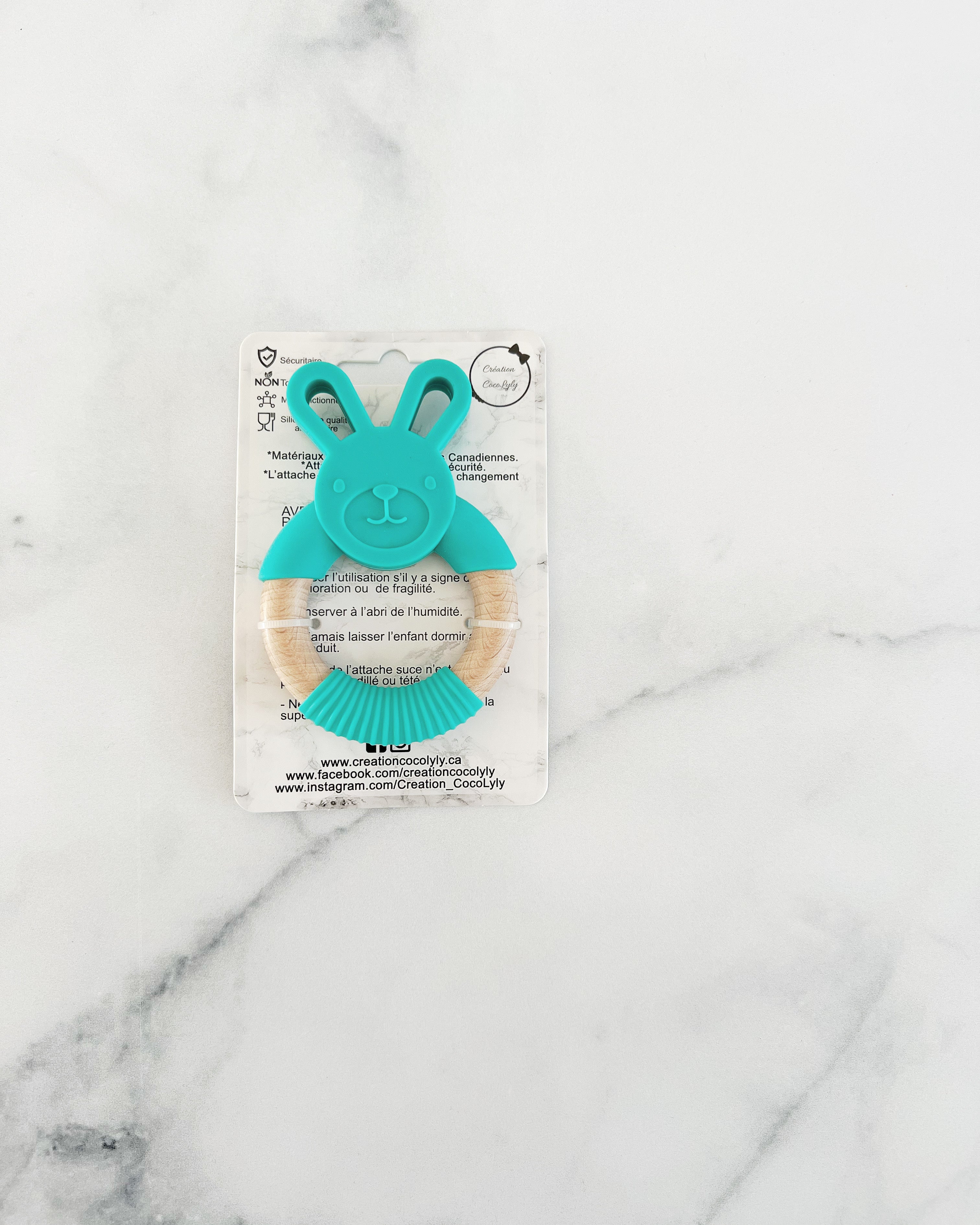 Anneau en silicone lapin et bois turquoise