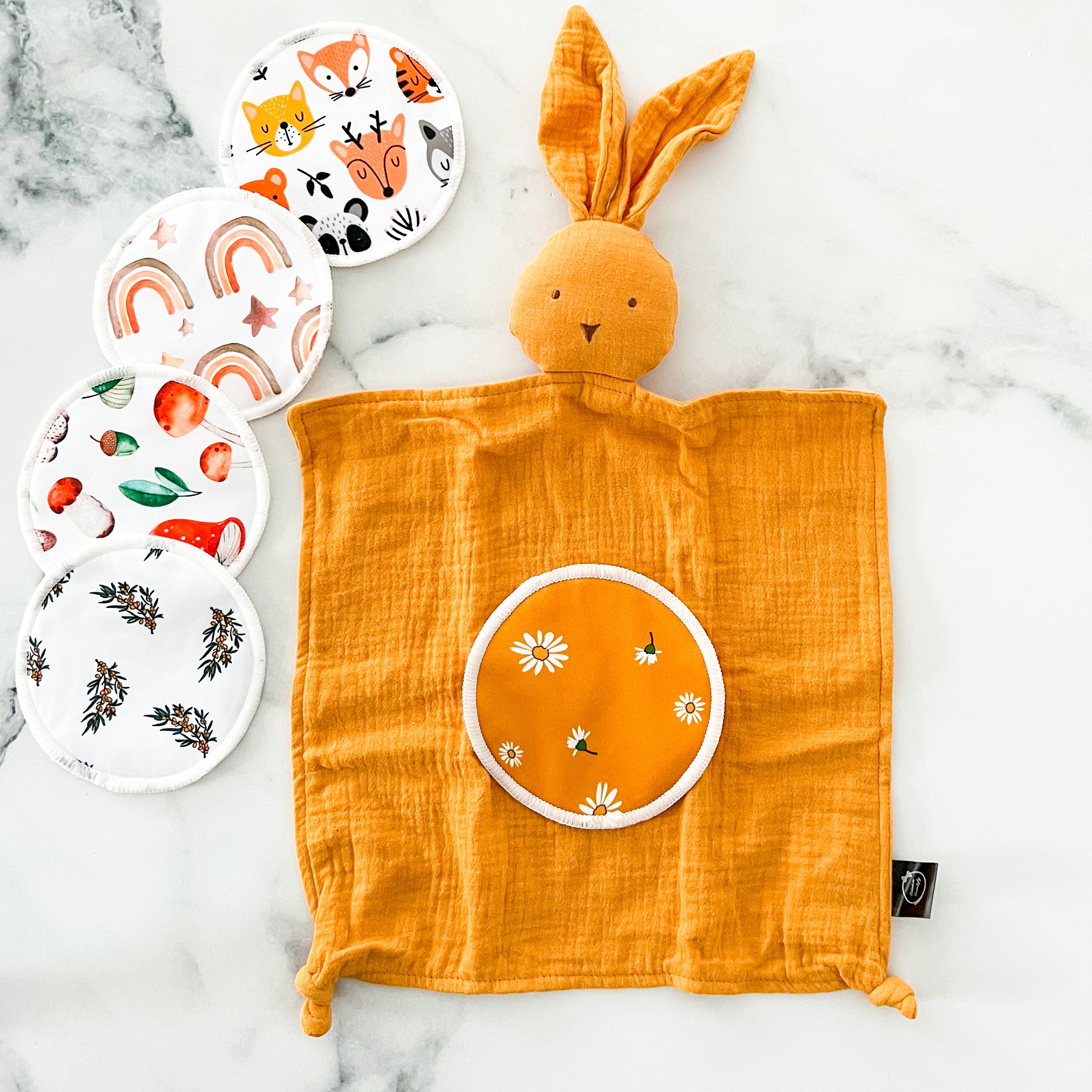 Doudou mousseline lapinou moutarde odeur de maman